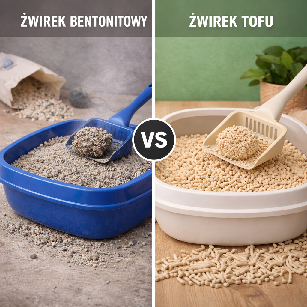 porównanie żwirku bentonitowego i żwirku tofu Sagapo – kuweta z bentonitem po lewej i ekologiczny żwirek tofu po prawej