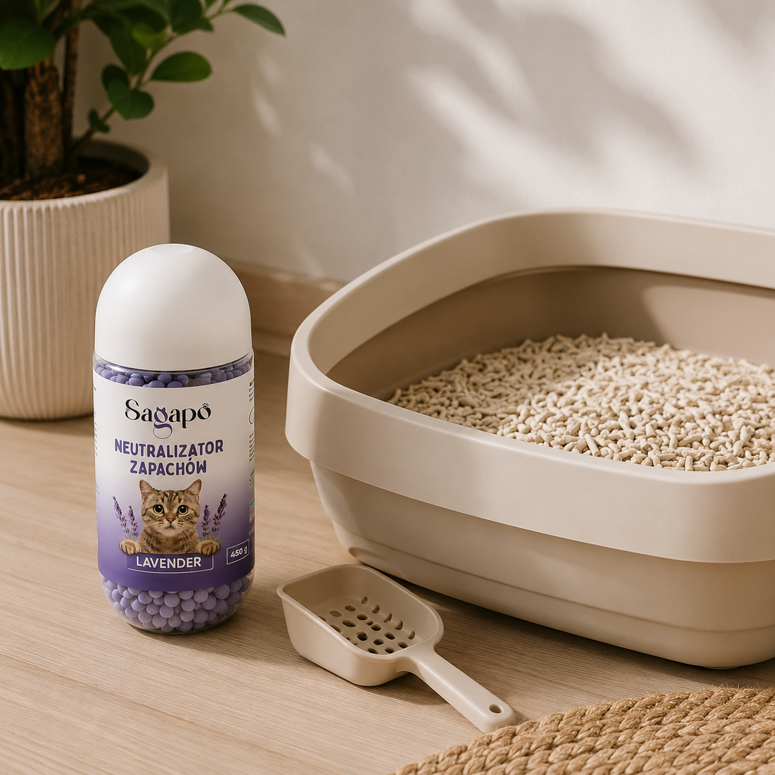 Neutralizator zapachów Sagapo Lavender stojący obok kuwety wypełnionej żwirkiem tofu w jasnym, domowym wnętrzu.