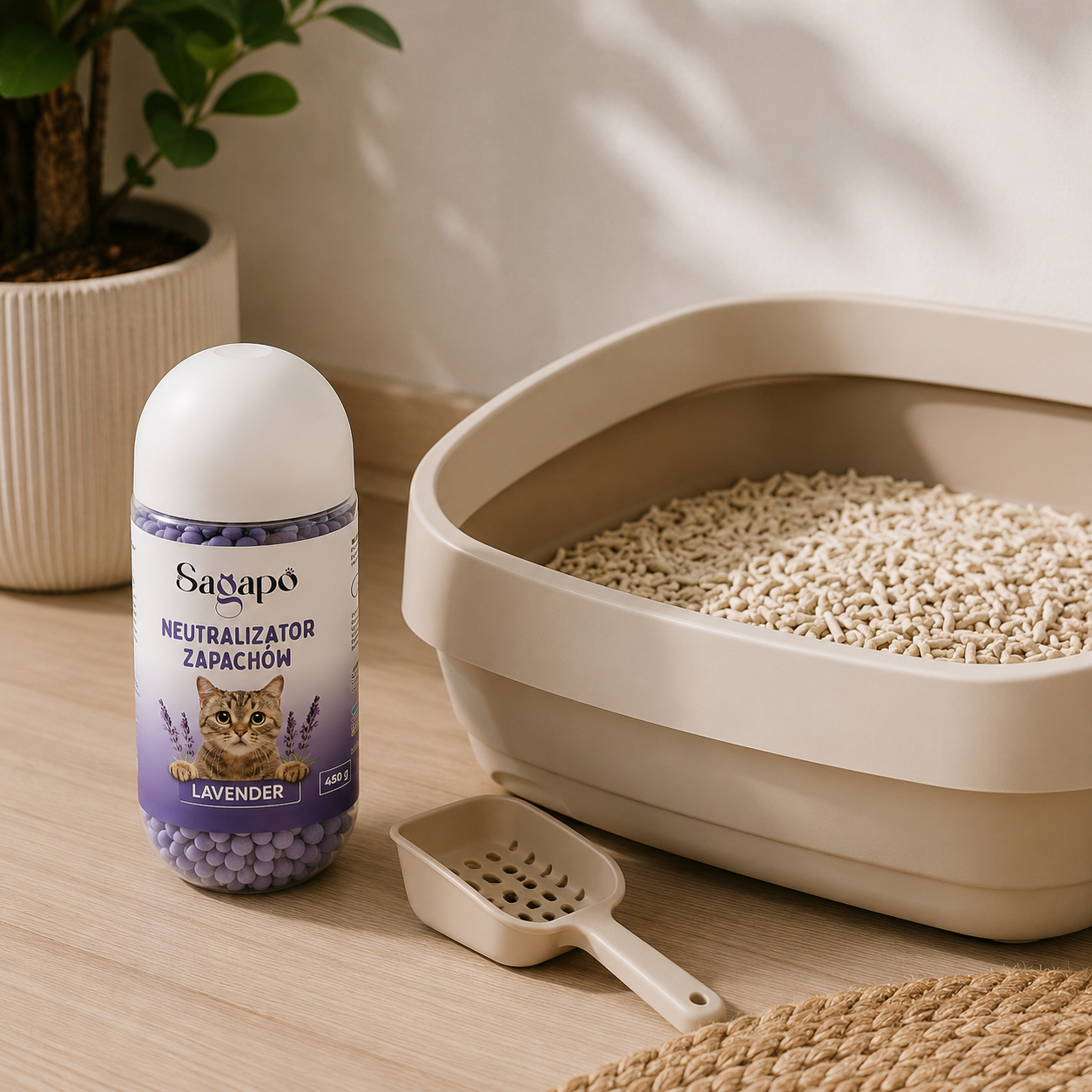 Neutralizator zapachów Sagapo Lavender stojący obok kuwety wypełnionej żwirkiem tofu w jasnym, domowym wnętrzu.