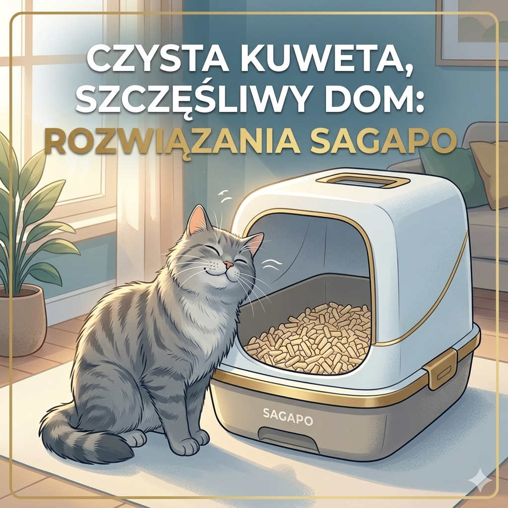 Szczęśliwy kot przy czystej kuwecie Sagapo – rozwiązanie problemu załatwiania się poza kuwetą. Napis: Czysta kuweta, szczęśliwy dom.