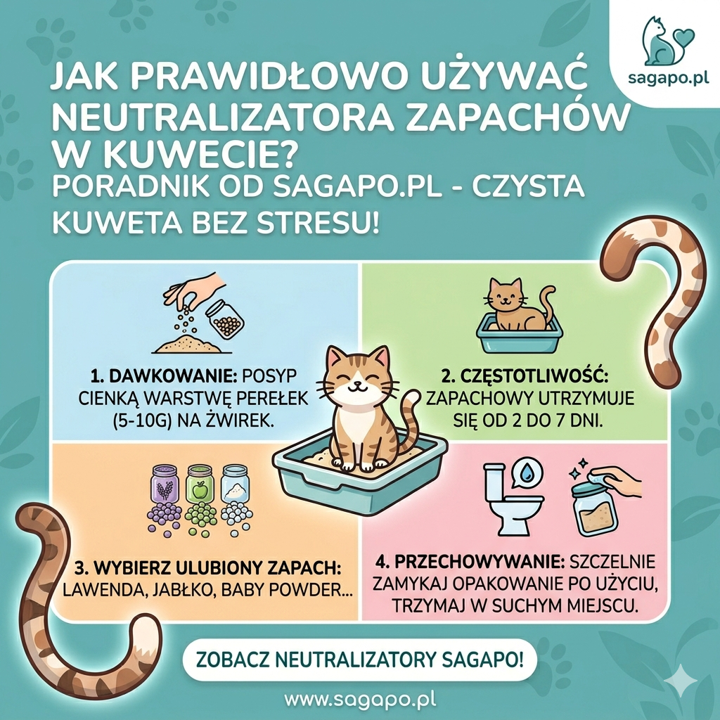 Grafika edukacyjna Sagapo: instrukcja 4 kroków stosowania perełek neutralizujących do kuwety w wariancie lawendowym, jabłkowym i Baby Powder