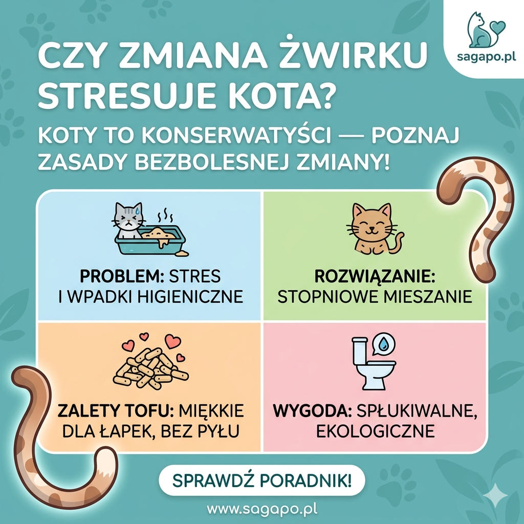 Grafika edukacyjna sagapo.pl: Cztery kroki do zmiany żwirku u kota. Ilustracje pokazujące problem stresu w kuwecie, rozwiązanie przez mieszanie żwirków, zalety miękkiego żwirku tofu oraz wygodę spłukiwania w toalecie.