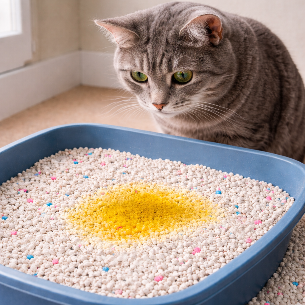 Kot zagląda do kuwety z bentonitowym żwirkiem, gdzie widoczny jest kolor moczu pomagający ocenić zdrowie kota.