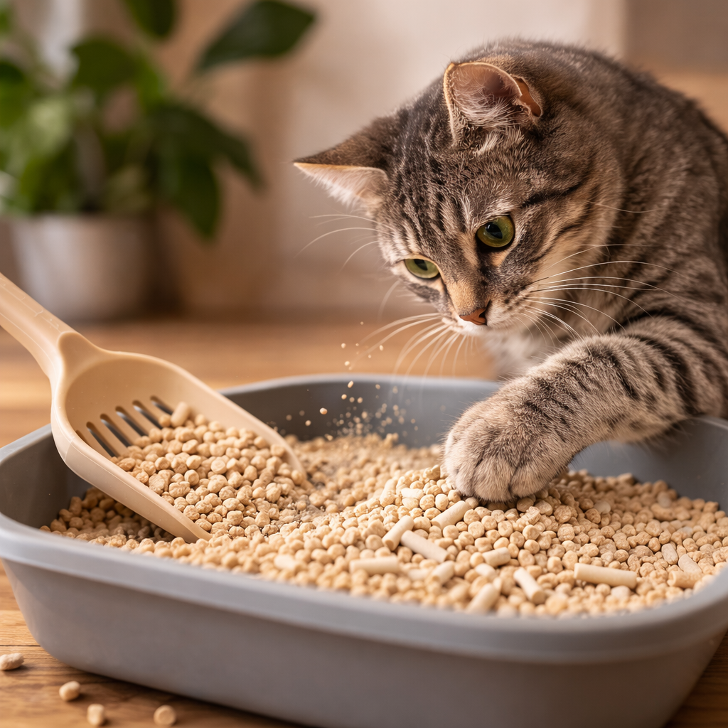 Kot w kuwecie z nowym żwirkiem dla kota – przyzwyczajanie kota do nowego żwirku