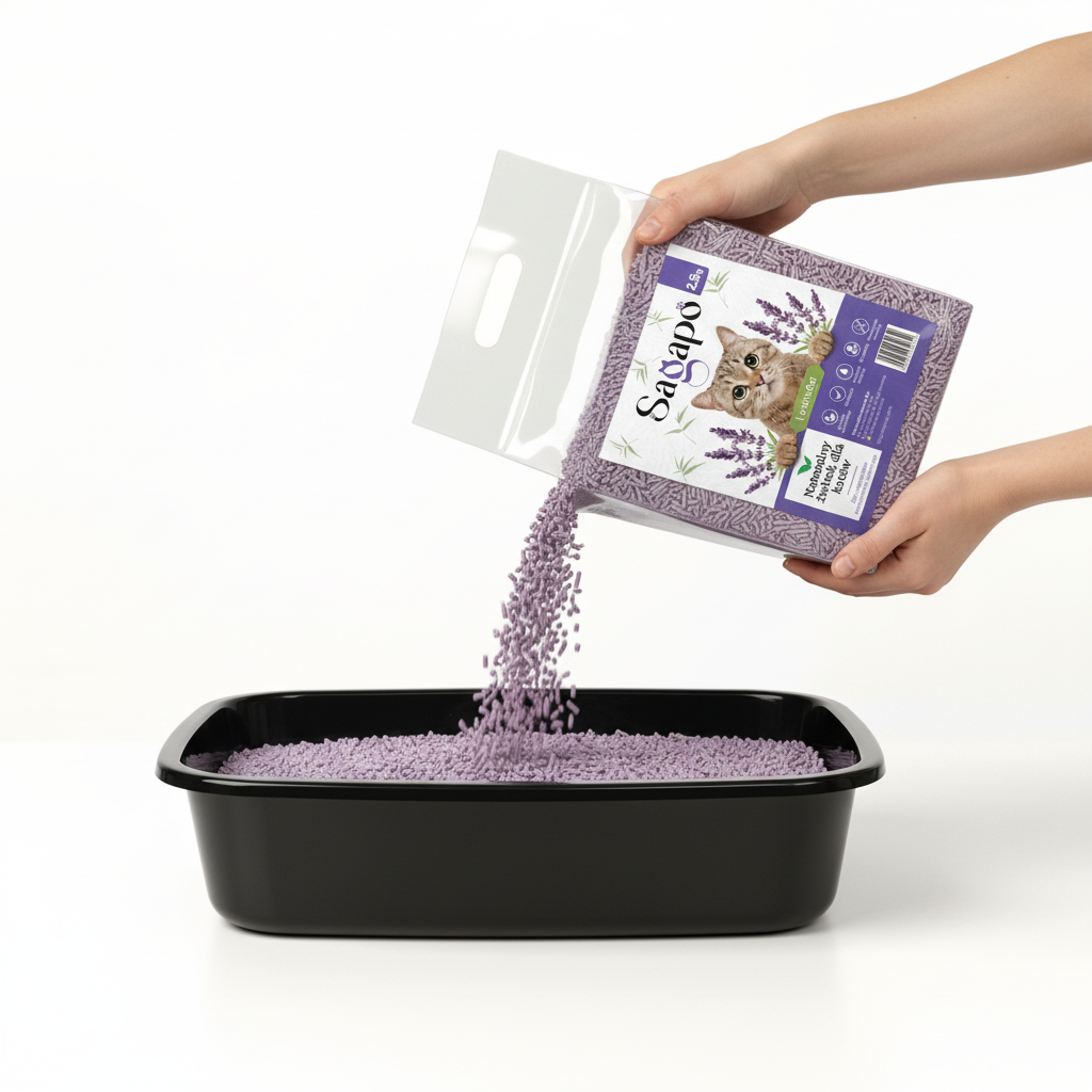 Żwirek tofu w kuwecie dla kota – ekologiczny żwirek biodegradowalny stosowany w kociej kuwecie.