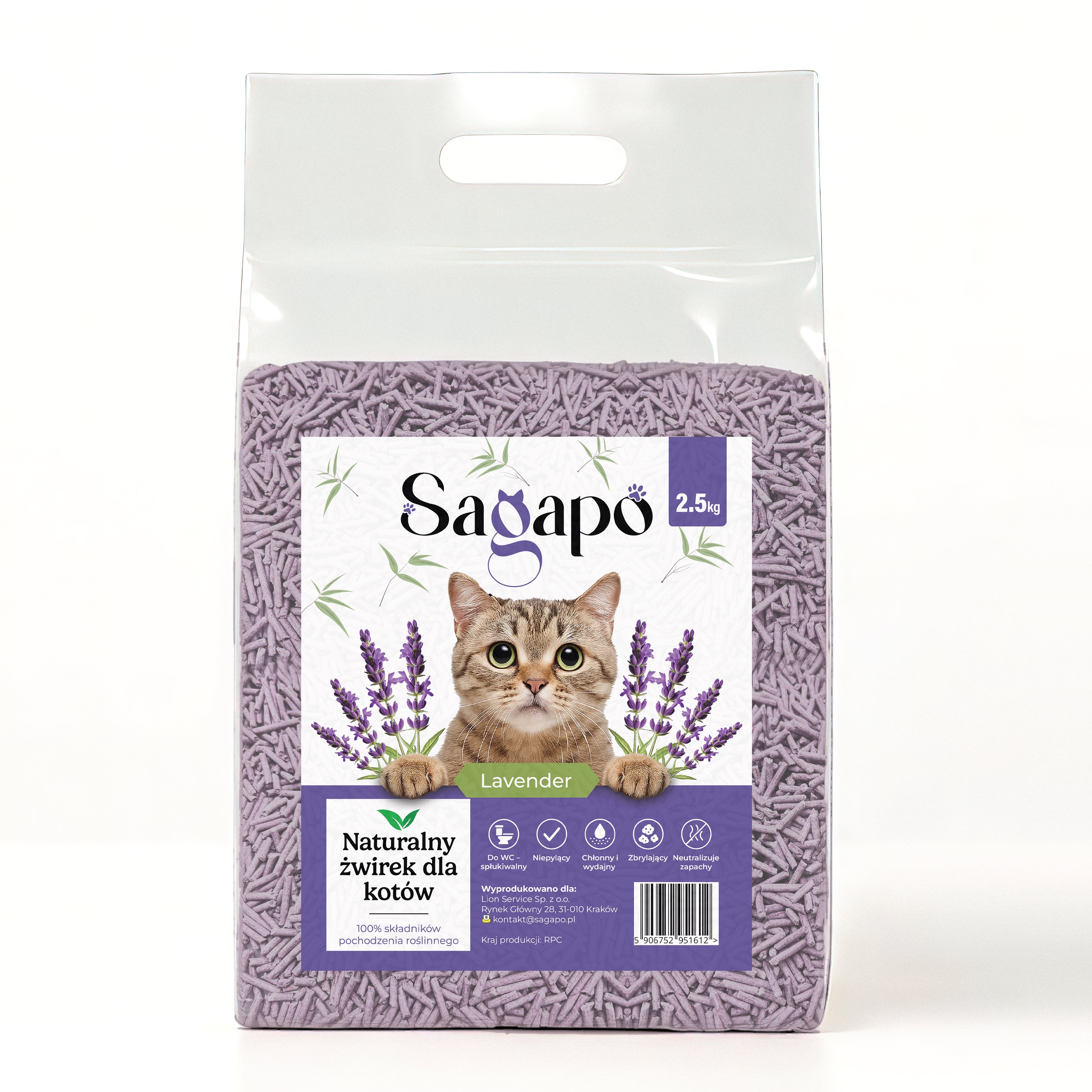 SAGAPO Żwirek tofu dla kota zbrylający Lawenda 2,5 kg