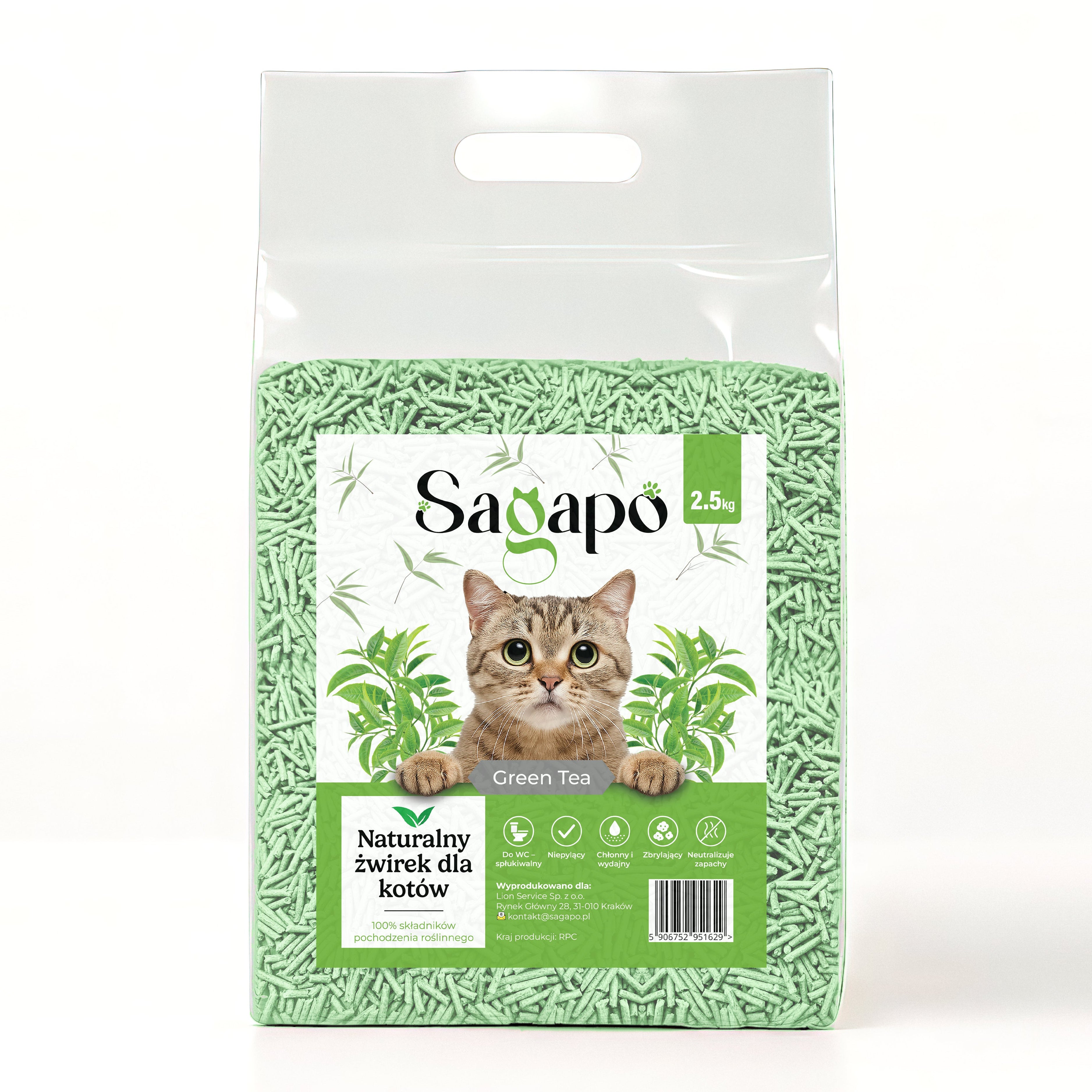 SAGAPO Żwirek tofu dla kota zbrylający zielona herbata 2,5 kg