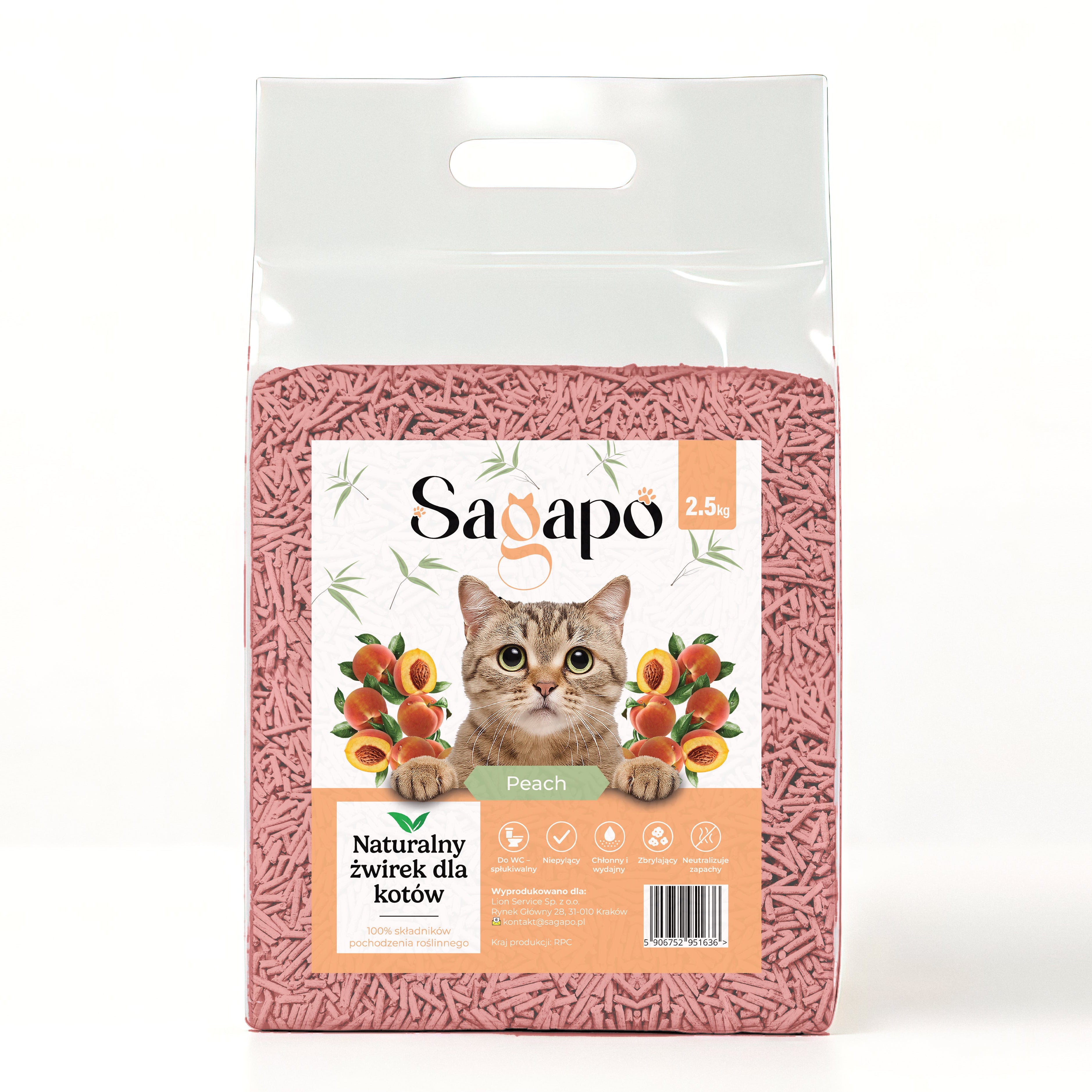 SAGAPO Żwirek tofu dla kota zbrylający brzoskwinia 2,5 kg