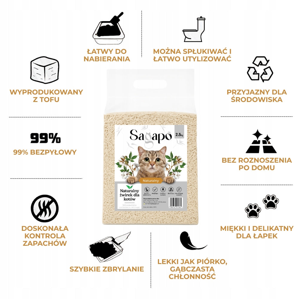 żwirek tofu dla kota – naturalny, Sagapo 2,5kg